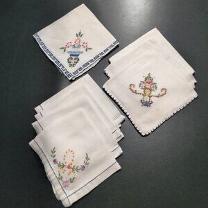 8 Vintage Hand Embroidered Cocktail Napkins, Mixed Designs